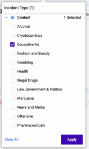 Figure 3: AppHarbr Deceptive Ad Filter Selected in AdWatch Dashboard