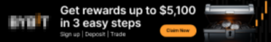 Mobile banner ad for a crypto platform promising rewards up to $5,100 in three steps