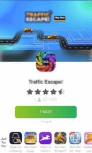 A full-screen interstitial promoting a mobile game that automatically redirects users to the app store
