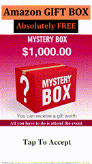 Ad promoting a supposedly free $1,000 Amazon gift box, with a red mystery box graphic and a “Tap To Accept” prompt.
