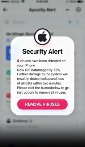 Fake Apple security alert claiming that four viruses were detected on an iPhone and prompting the user to remove them.