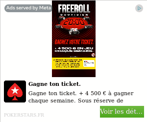 Gambling advertisement in French promoting a poker tournament with prize information and a call-to-action button.