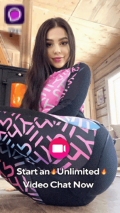 Mobile ad for a live video chat app showing a woman in a suggestive pose with text reading "Start an Unlimited Video Chat Now."