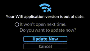 Fake Wi-Fi application update prompt warning that the app is out of date, with “Update Now” and “Cancel” buttons.
